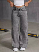 Pantalón de jean wide leg marmolado, tipo palazzo, pata ancha, tiro alto premium